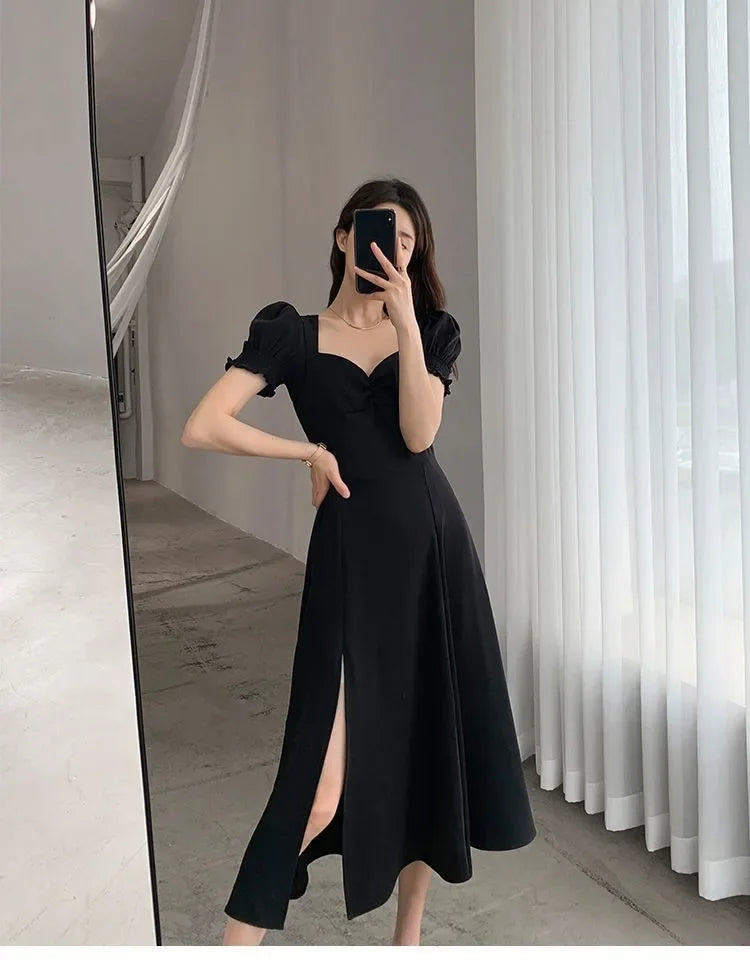 Sweet Vintage French Style Women's Long Dress Summer Hot Sale Of The Season New Bubble Sleeve Square Collar A- Line Split Skirt