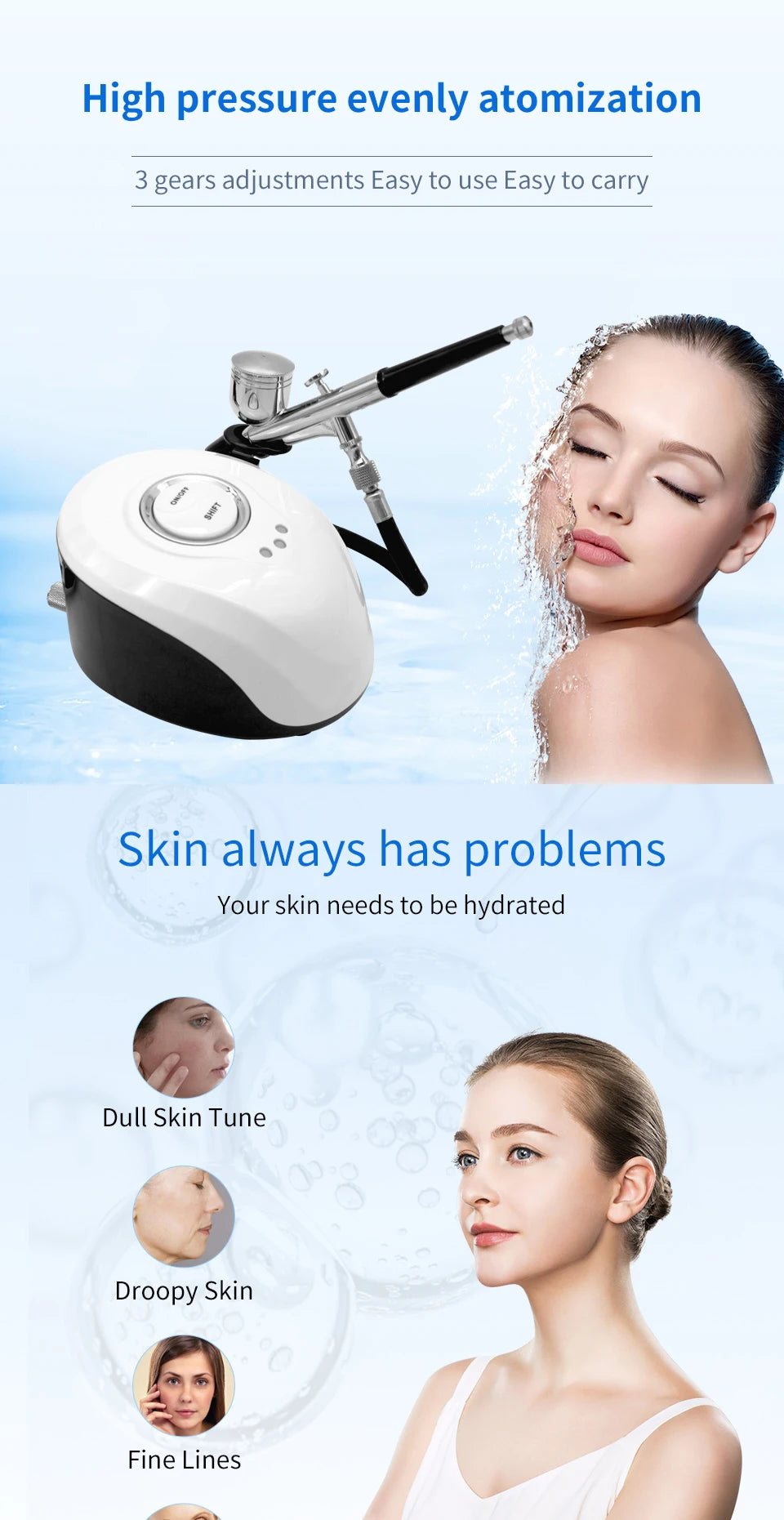 Facial Oxygen Therapy Steam Nail Art Airbrush Paint Nail Nano Sprayer Skin Cleaning Therapy Moisturizing Rejuvenation Compressor