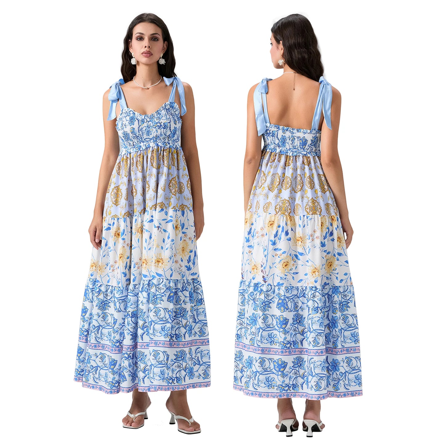 Combhasaki Women's Y2K Vintage Floral Print Ribbon Tie-Up Shoulder Straps Sleeveless V-Neck Summer Big Swing A-line Long Dress