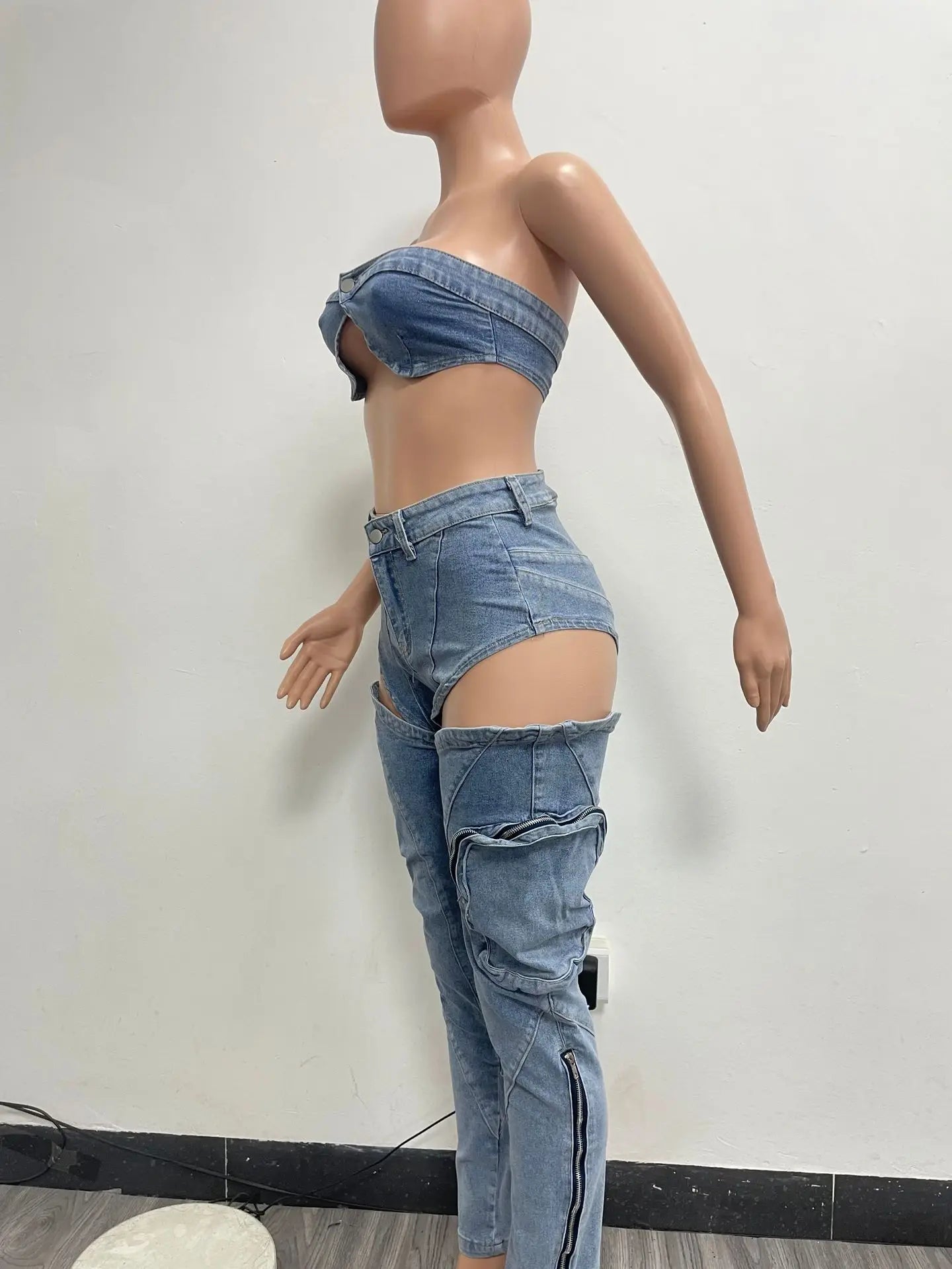 Sexy Denim Bikini Tops Two Piece Sets Matching Outfits 2024 Y2K Streetwear Women Pencil Denim Jean Pant Summer 2 Piece Sets