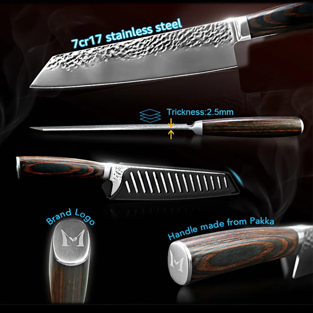 Kitchen Knives Japanese Chef Knife Set 7CR17 High Carbon Steel Full Tang Hammered Non-Stick Santoku Knifes Utility Meat Cleaver