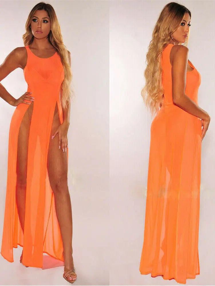 Lace O Mesh Neck Maxi Dress Mesh Lace Thin Transparent Sexy Women Slit Long Dress Elegant Women Fashion Sexy Women 7L7G