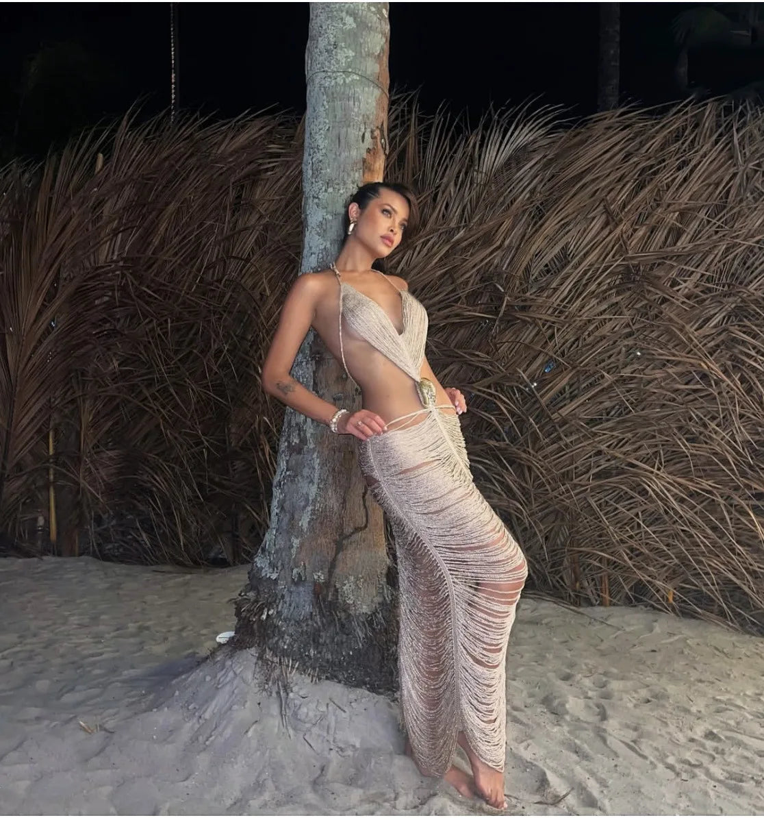 Sexy Shell Tassel Halter Long Dress Women Hollow Out Sleeveless Backless Maxi Dresses 2025 New Summer Y2K Party Club Beach Gowns