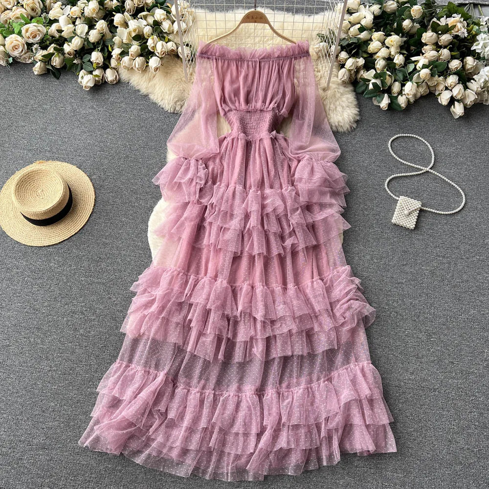 SINGREINY Mesh Party Long Dress Women Ruffle Long Sleeve Slash Neck Elastic Waist French Ladies Summer Elegant A Line Dresses