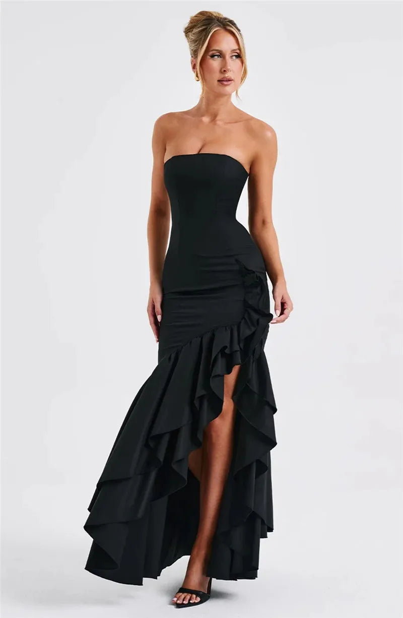 Mozision Strapless High Split Ruffle Long Dress For Women Fashion Off-shoulder Backless Sleeveless Bodycon Club Party Sexy Dress