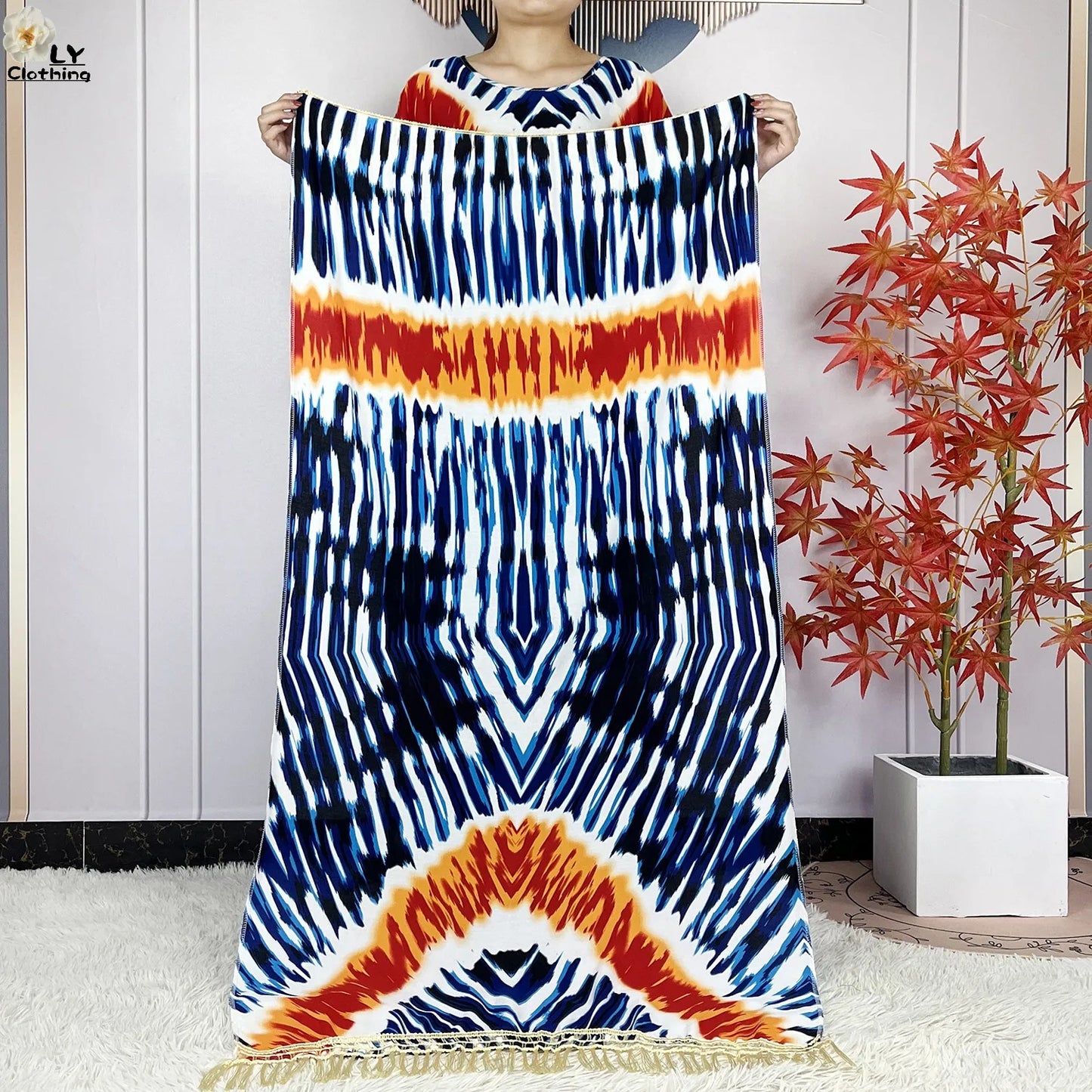 2024 New Style Short Sleeve African Dashiki Tie-dyed Cotton Abaya Caftan Lady Summer Maxi Islam Casual Dresses With Big Scarf