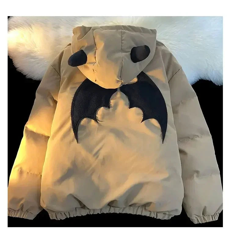Winter New Cotton Jacket Devil Wing Embroidery Bread Jackets Men's Women's Vintage Harajuku Casual Loose Hooded Cotton-padded