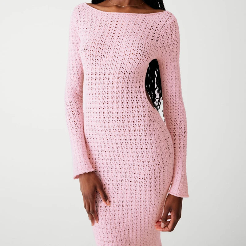 Hawthaw Women 2023 Autumn Winter Long Sleeve Streetwear Knitted Vacation Bodycon Pink Long Dress Wholesale Items For Business