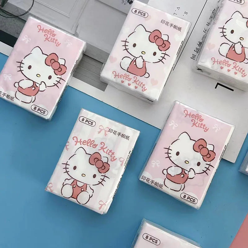 Kawaii Hello Kitty Handkerchief Paper Cartoon Sanrio Pochacco Kitty Printed Napkins Portable Small Pocket Tissues Facial Paper