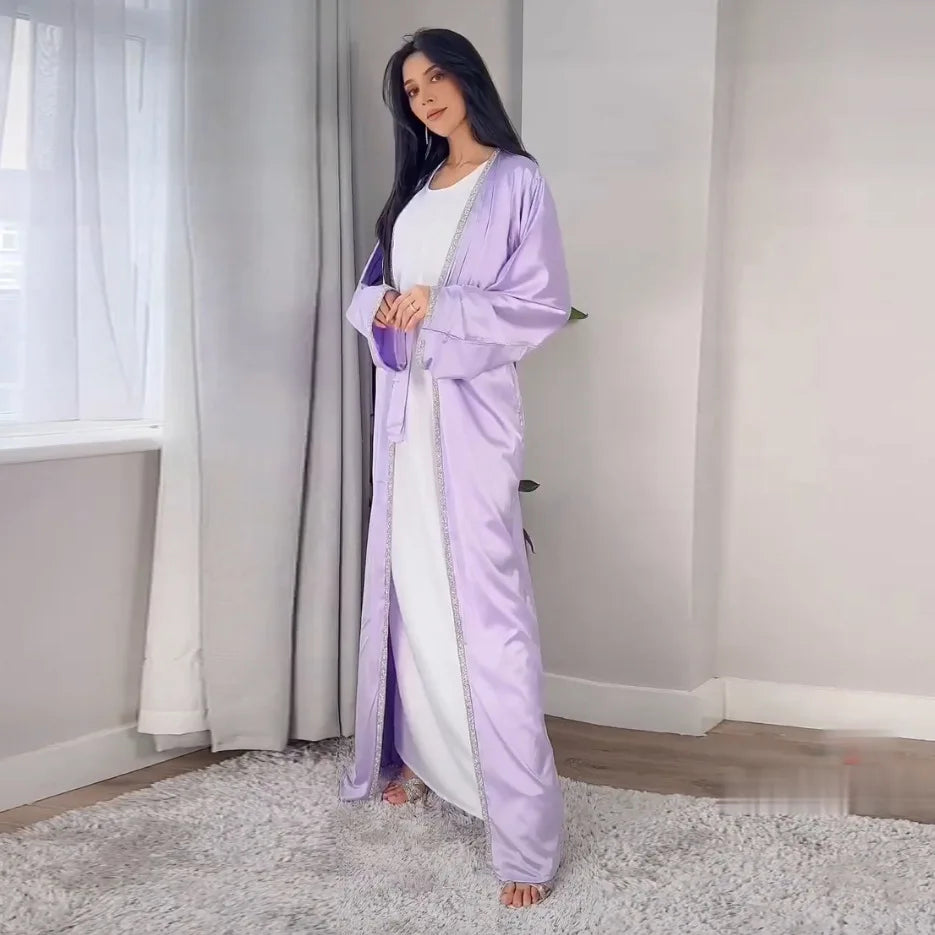 2024 Muslim Dress Diamond Women's Long Dress Fashion Long Sleeve Lace-up Long Abayas Casual Solid Color Clothes for Muslim Women
