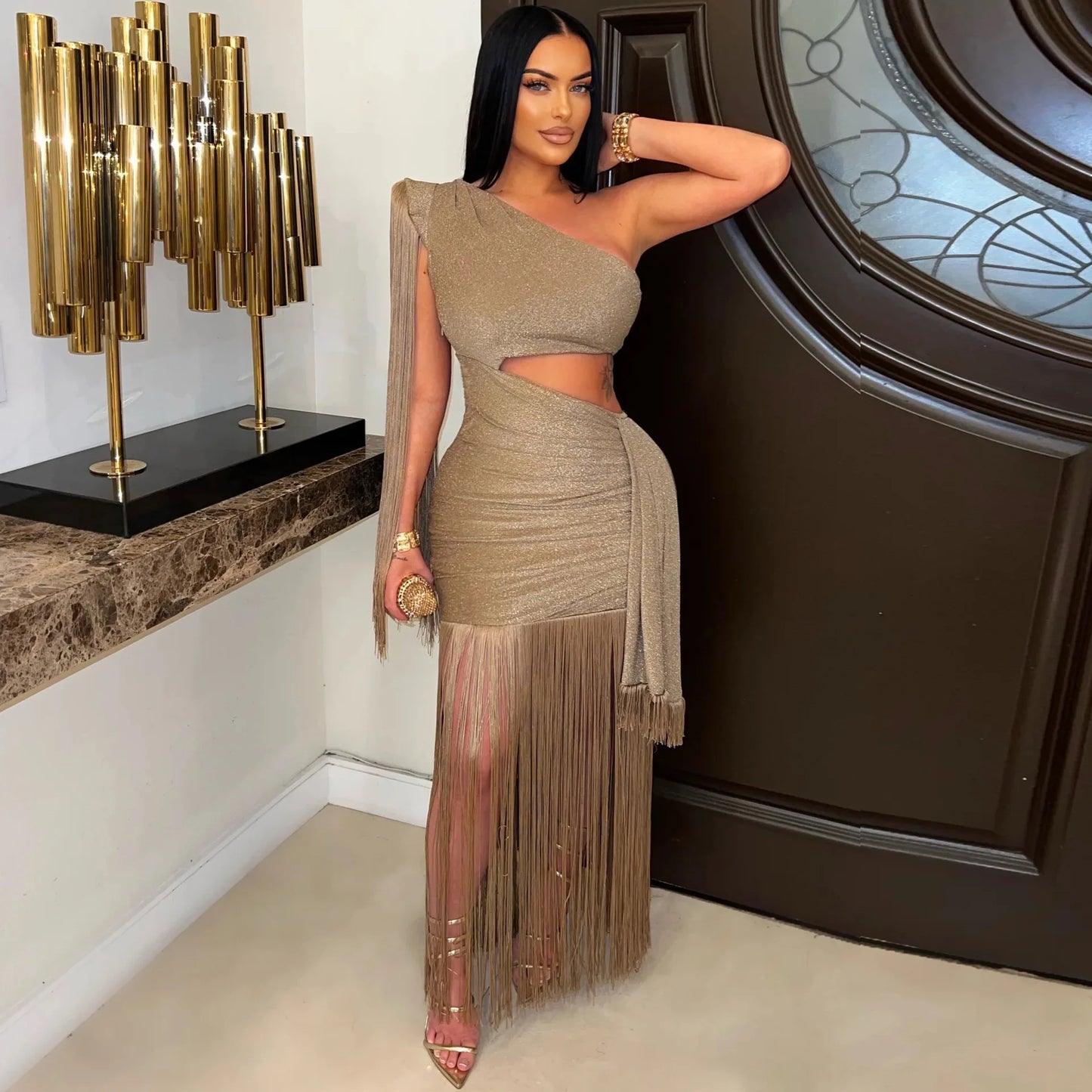 CM.YAYA Women One Shoulder Tassel Sleeveless Long Dress Diagonal Collar Summer Street Evening Sexy Night Party Dresses Vestidos