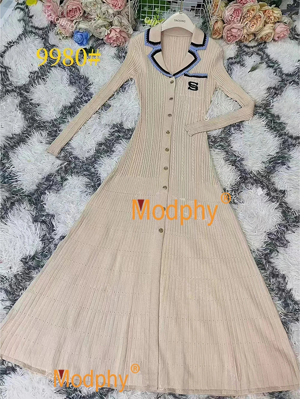 Modphy 2025 Elegant Slim Knitted Long Dress Women's Letter Single Breasted Long Sleeved Designer Vintage Dresses Autumn
