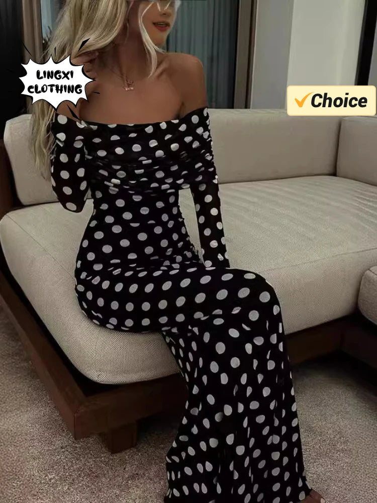 2024 Summer Fashion Vacation Style Fashion Party Women's Long Elegant One Shoulder Wave Dot Slim Fit Sexy Long Dress