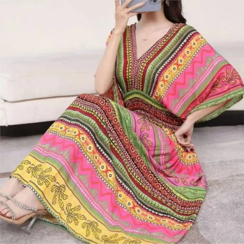 V-neck Large Skirt Hem Casual Sweet Holiday Long Dress Bat Sleeves Elastic Waist Bohemian Print Floral Elegant Dresse For Women