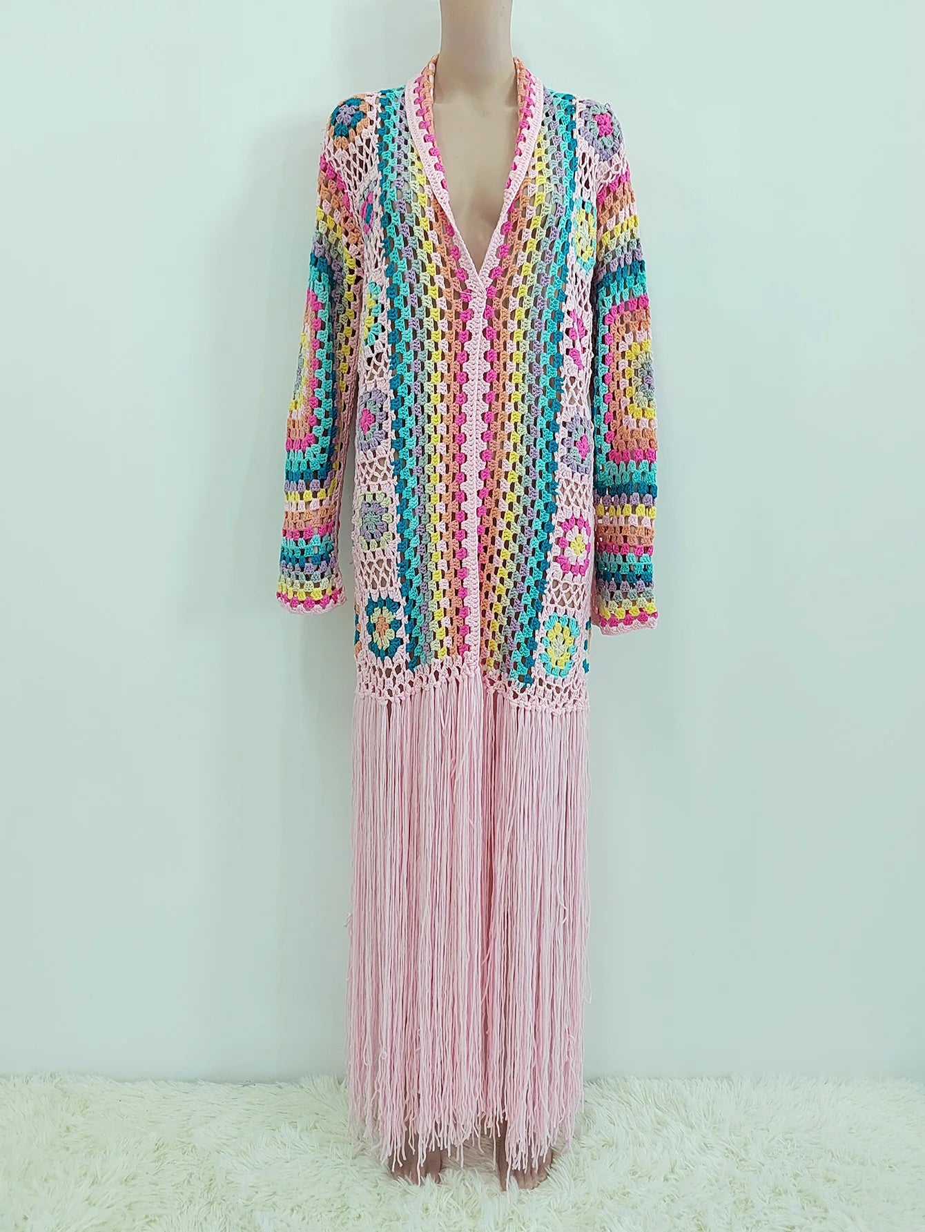 Crochet Knitted Women Cardigan Cover Ups Tassel Plaid Long Coat Bohemian 2023 Summer Beach Bikini Covers Sexy Hook Vestidos
