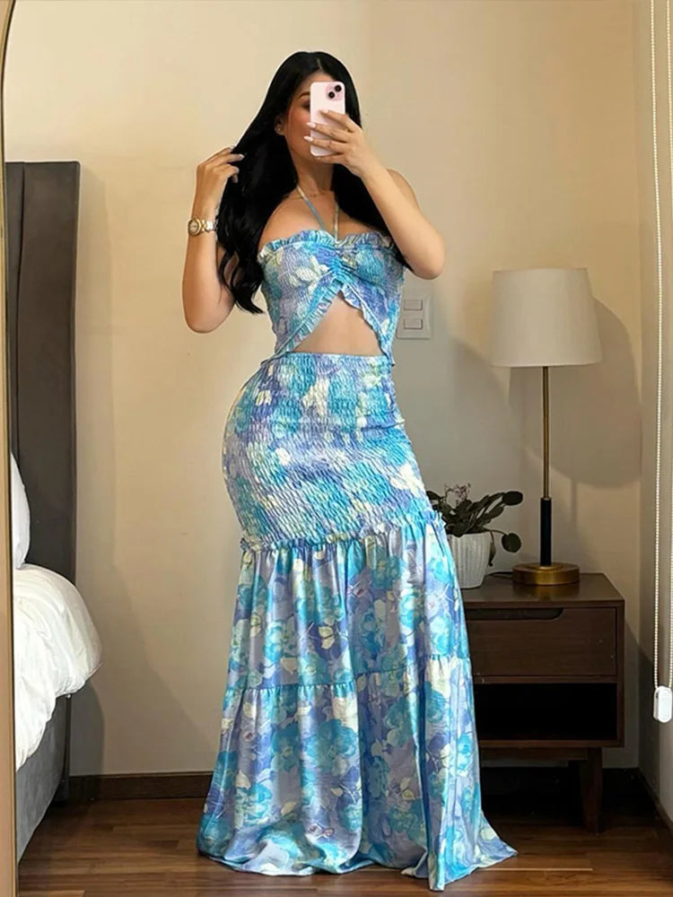 Printed Strap Pleated Long Dress Women Backless Off Shoulder Patchwork Ruffle Summer 2025 Dresses Party Vacation Chic Sexy Robe