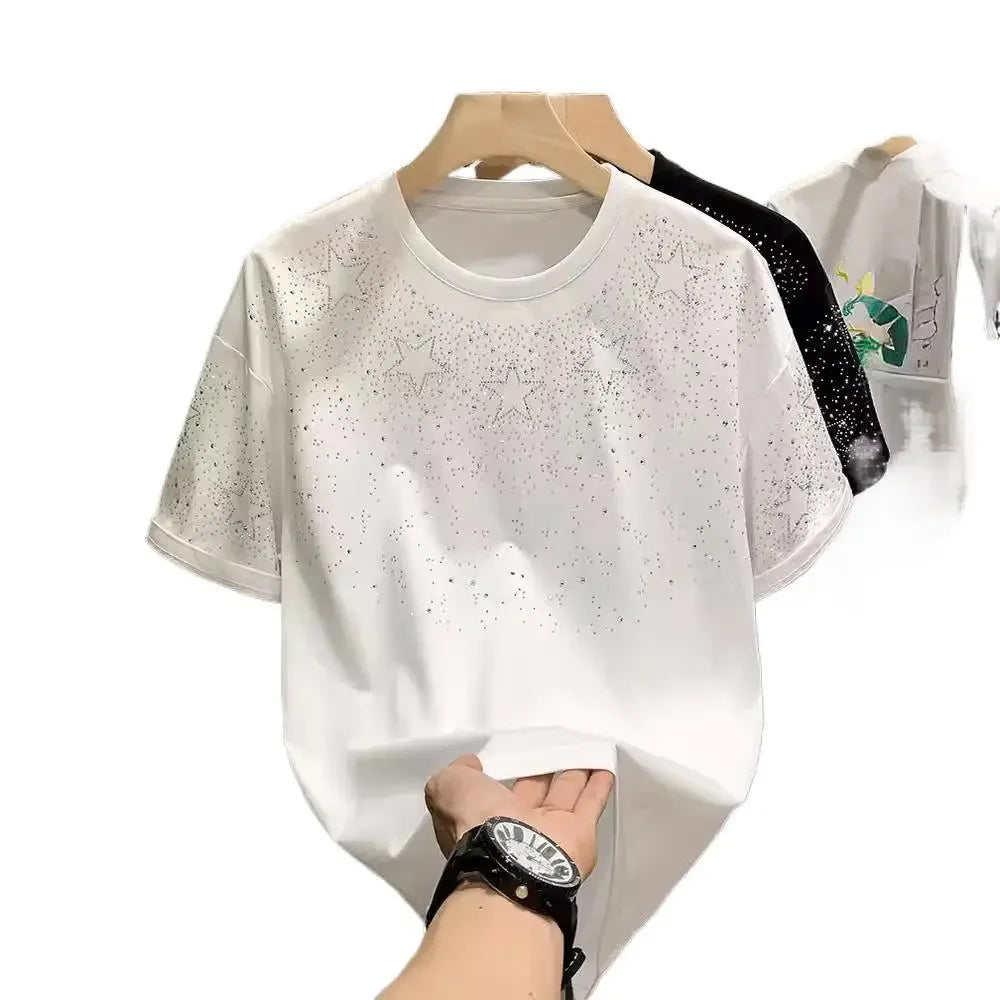 Fashionabletrendy European Style Luxury Men's Short Sleeve T-shirt Star Embroidery Network Red Hot Sell Niche Half Sleeve Tee