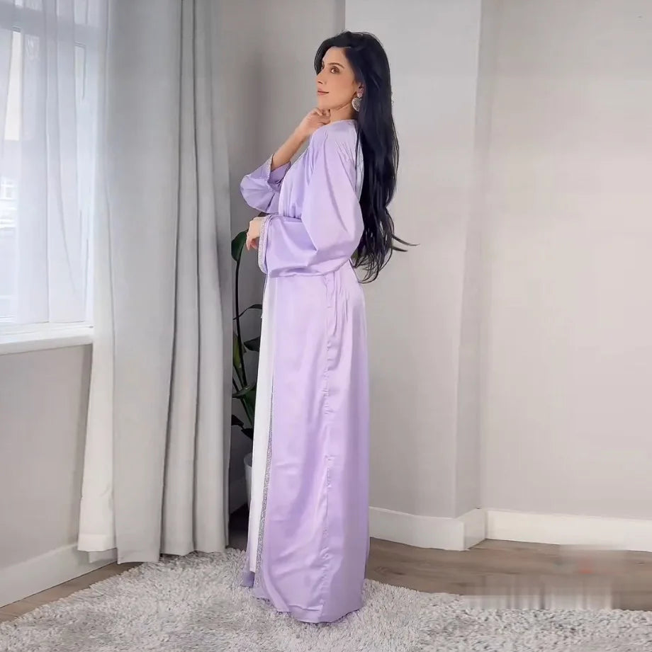 2024 Muslim Dress Diamond Women's Long Dress Fashion Long Sleeve Lace-up Long Abayas Casual Solid Color Clothes for Muslim Women