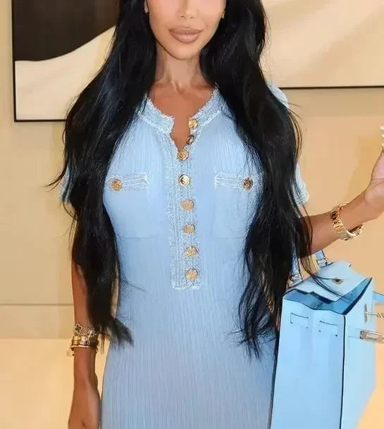 European and American style denim stitching knitted short-sleeved dress women's new high-end design long dress