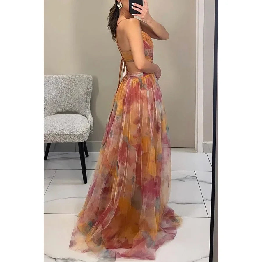 Color Mesh Spaghetti Strap Dresses Women Fashion Sexy V-neck Backless Leace-up Party Club Long Dress Female Evening Vestidos New