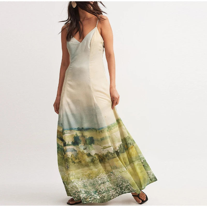 Elegant Printed Tighte Waist Women's Long Dress V-neck Slim A-line Robe 2025 Summer Beach Holiday Style Female's Long Dresses