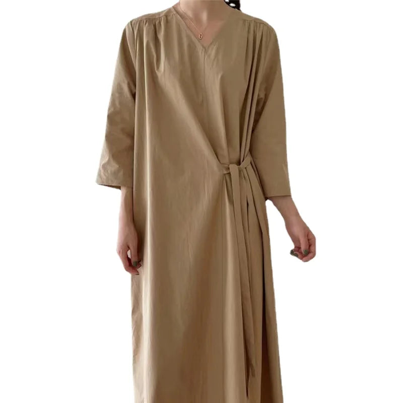 REALEFT 2024 New Summer Korean Vintage Women's Dresses Sashes Solid V-Neck Elegant Straight Loose Long Dress Female