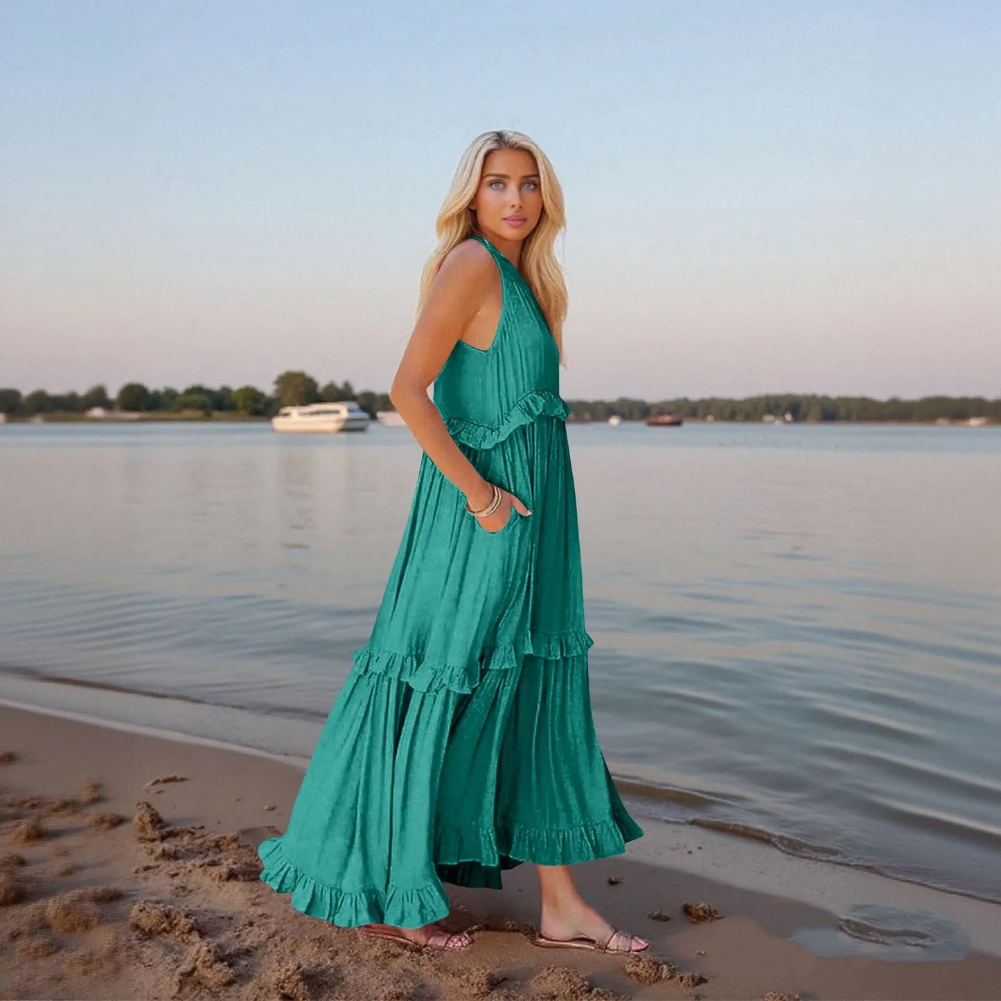 Women's Ruffled hem layered long dresses Summer Sleeveless backless dress Fashion Long Dress Big Swing Beach Dress vestidos