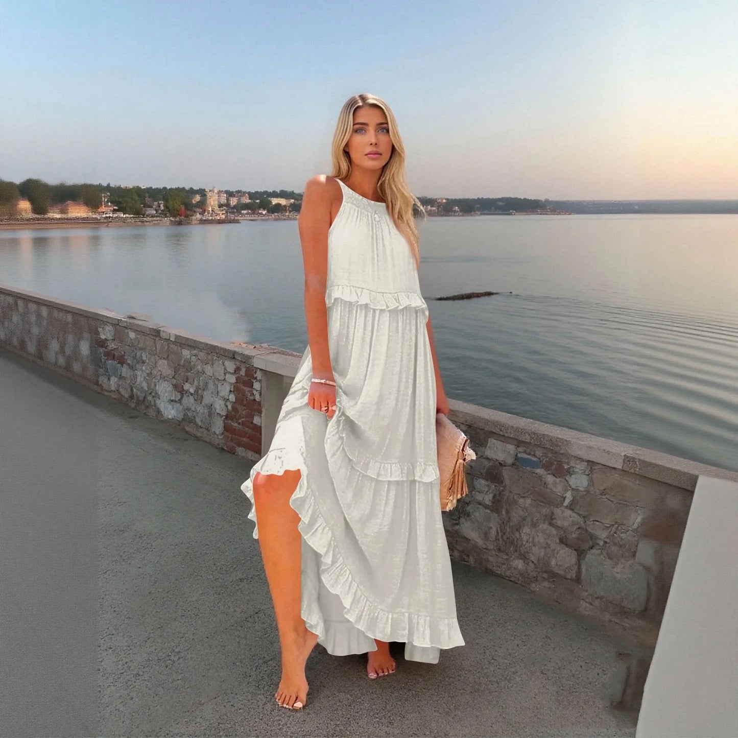 Women's Ruffled hem layered long dresses Summer Sleeveless backless dress Fashion Long Dress Big Swing Beach Dress vestidos