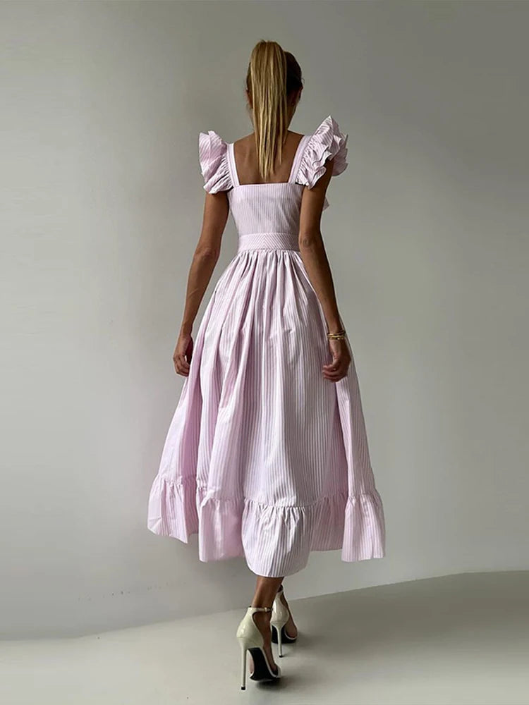 Flying Sleeve Ruffle Striped Slip Long Dress Women Elegant Square Collar Waist Cinching Pleat Party Dresses Chic Ladies Vestido