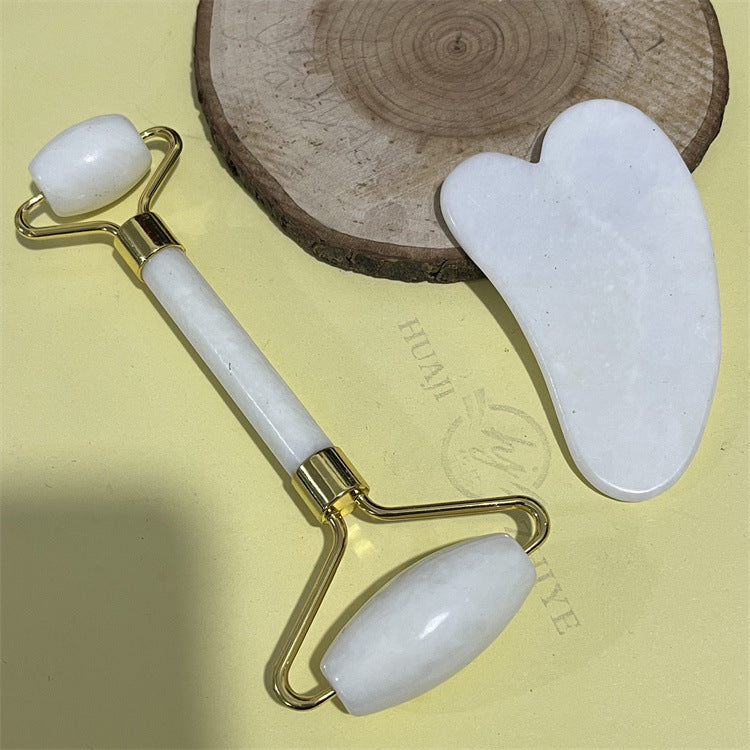 Natural Jade Double Head Roller Health Beauty Treatment Device Scraping Board Set Xiuyan Face Massager To Lift Remove Wrinkles