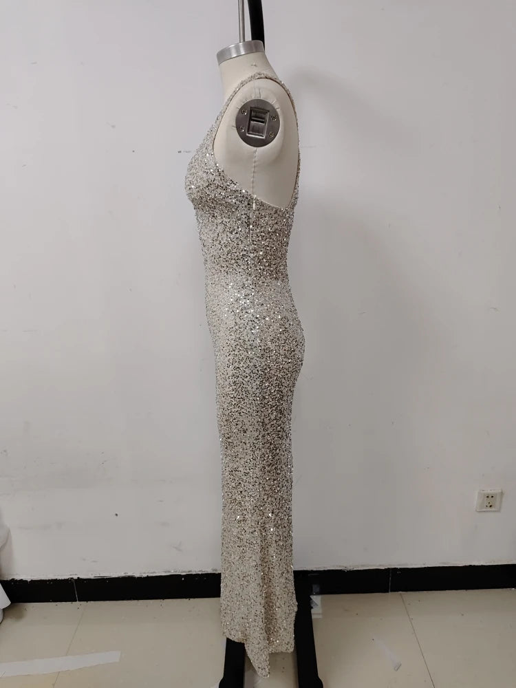Sexy Spaghetti Straps Glitter Sequin Cut Out Maxi Dress Women Sleeveless Backless Sequined Slim Long Dress Celebrity Party Gowns