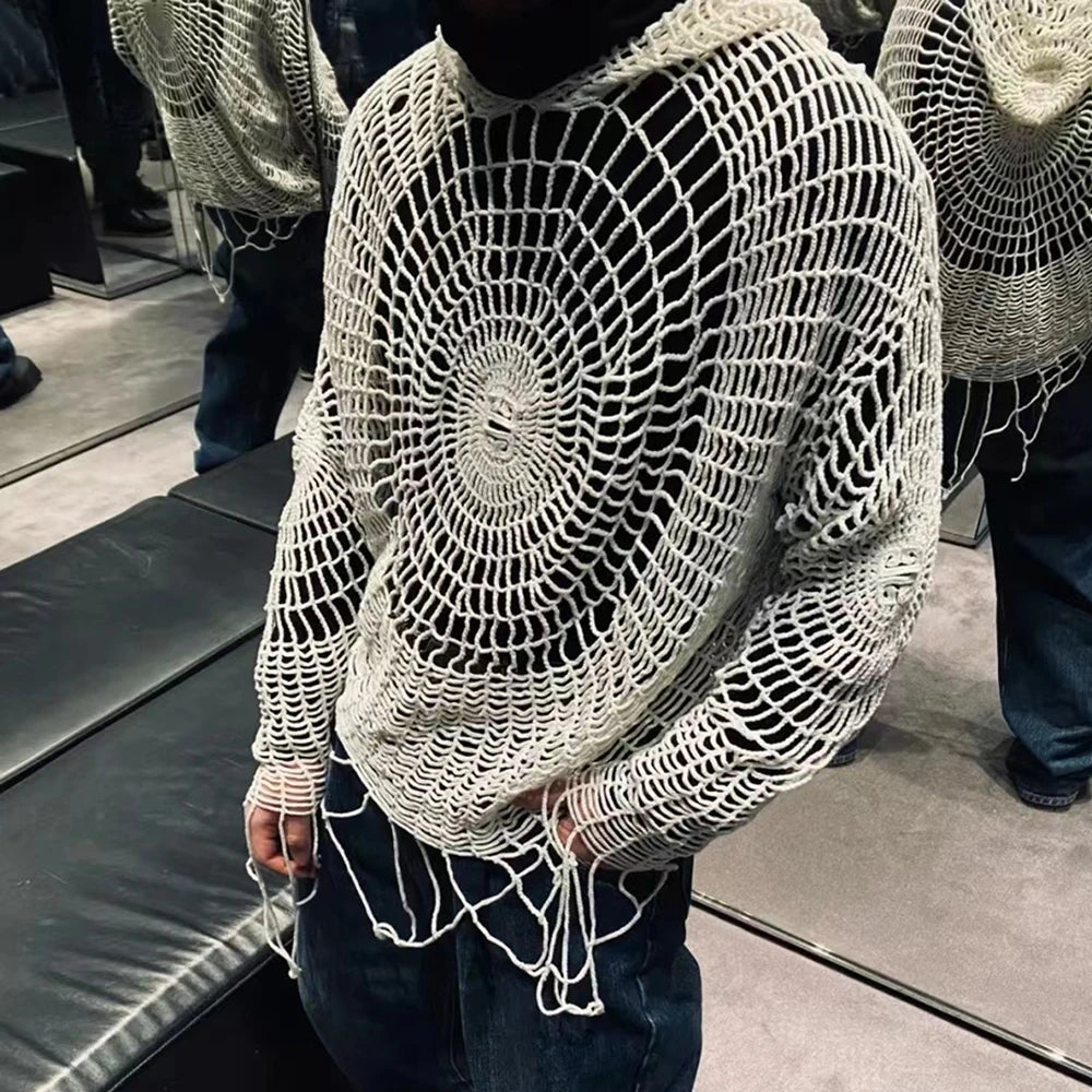Y2K Street Clothes Spider Web Tops Hollow Hole Design Hooded Pullover Knitwear Sweater Men Korean Fashion Old Genderless Wear