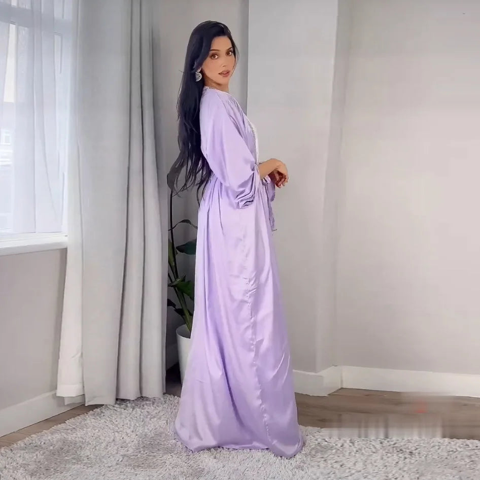 2024 Muslim Dress Diamond Women's Long Dress Fashion Long Sleeve Lace-up Long Abayas Casual Solid Color Clothes for Muslim Women