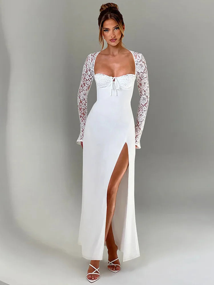 Mozision Lace Long Sleeve Sexy Maxi Dress Women Autumn New Square Collar Backless Lace-up High Split Sexy Club Party Long Dress