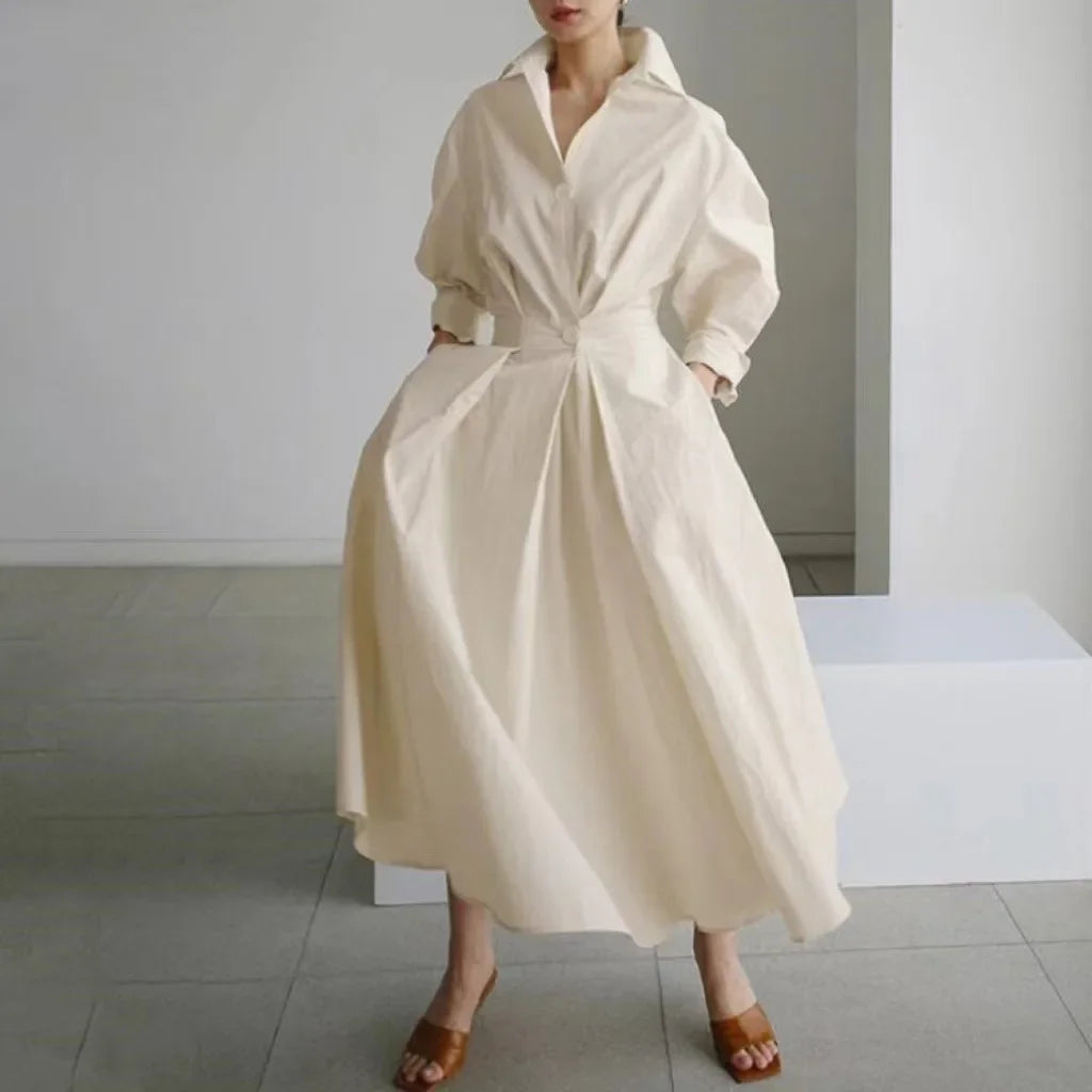Spring Dress Long Sleeve Solid Color Cotton Linen Elegant Maxi Dresses For Women 2024 Casual V Neck Shirt Party Long Dress Robe