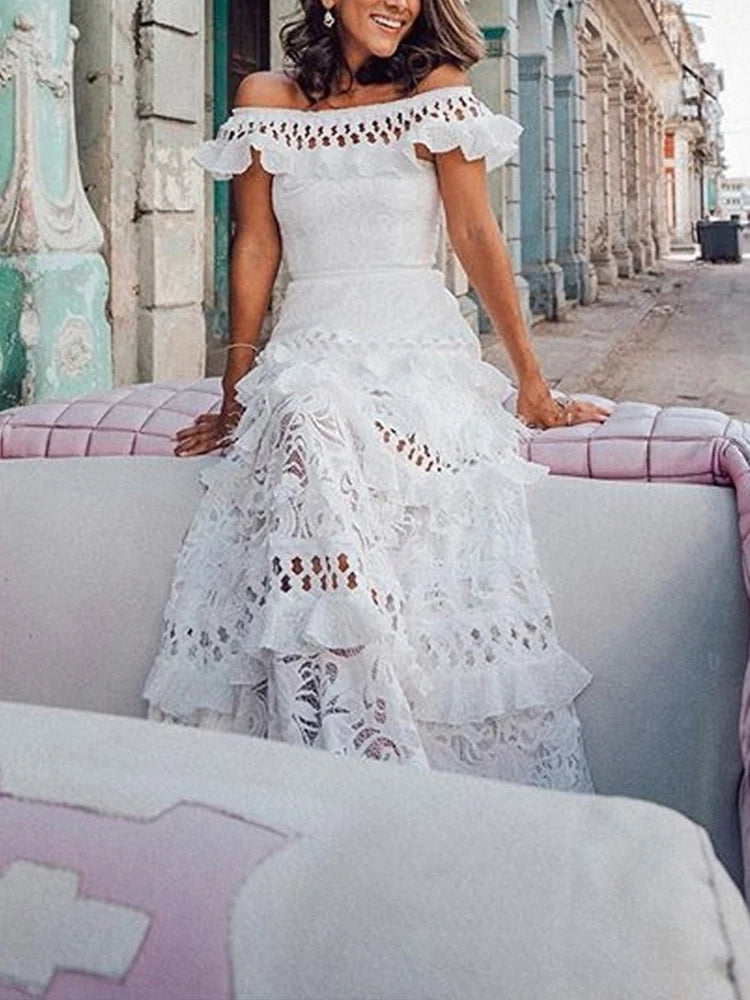 Black Long Dress Elegant One-Shoulder Solid Ruffle Long Evening Dress Summer Elegant Sleeveless Lace Hollow Party Sexy Dress