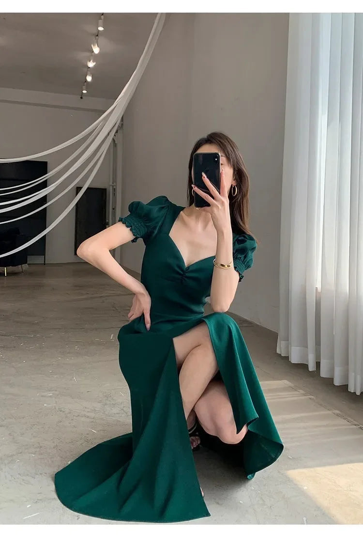 Sweet Vintage French Style Women's Long Dress Summer Hot Sale Of The Season New Bubble Sleeve Square Collar A- Line Split Skirt