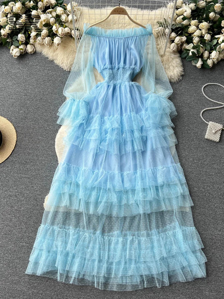 SINGREINY Mesh Party Long Dress Women Ruffle Long Sleeve Slash Neck Elastic Waist French Ladies Summer Elegant A Line Dresses