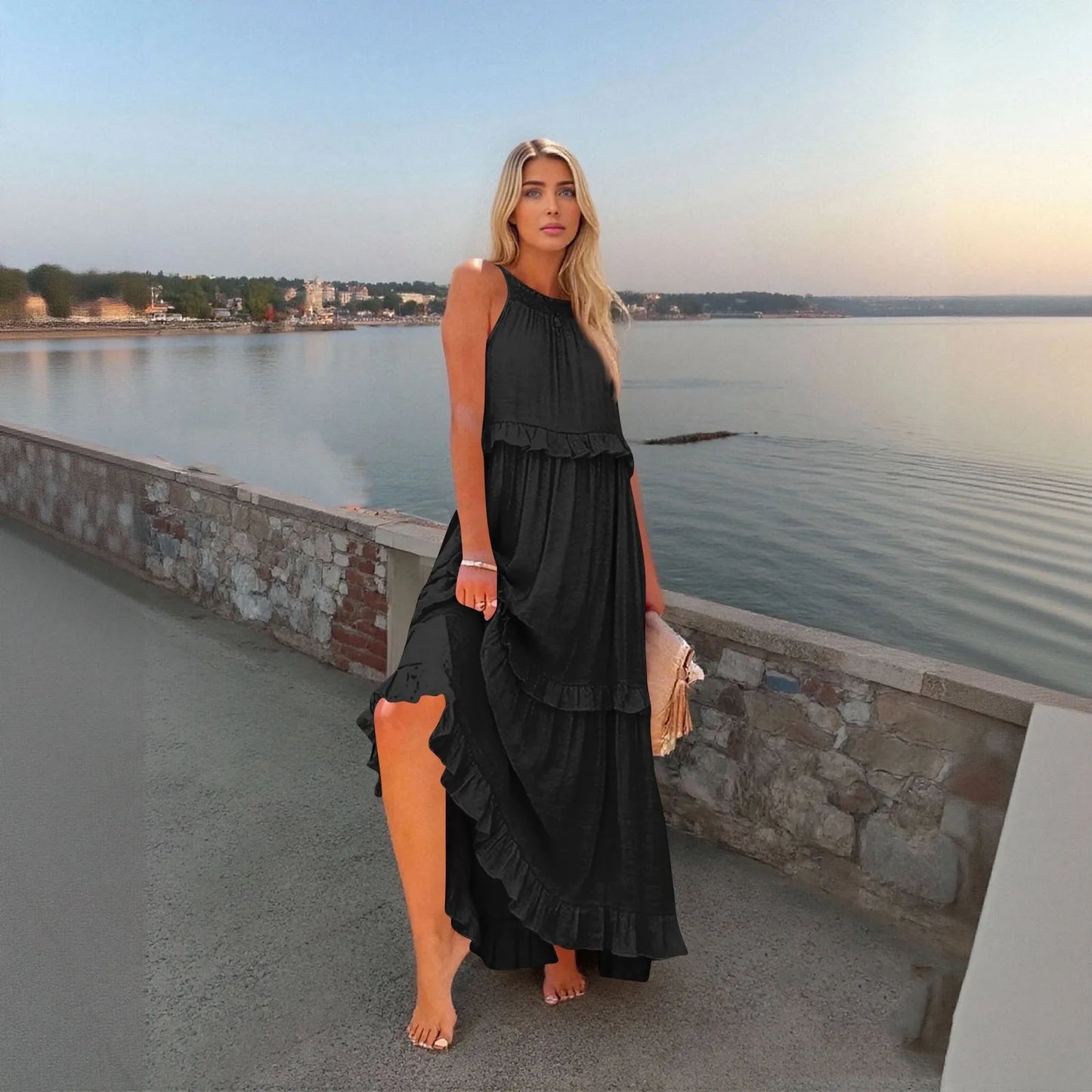 Women's Ruffled hem layered long dresses Summer Sleeveless backless dress Fashion Long Dress Big Swing Beach Dress vestidos
