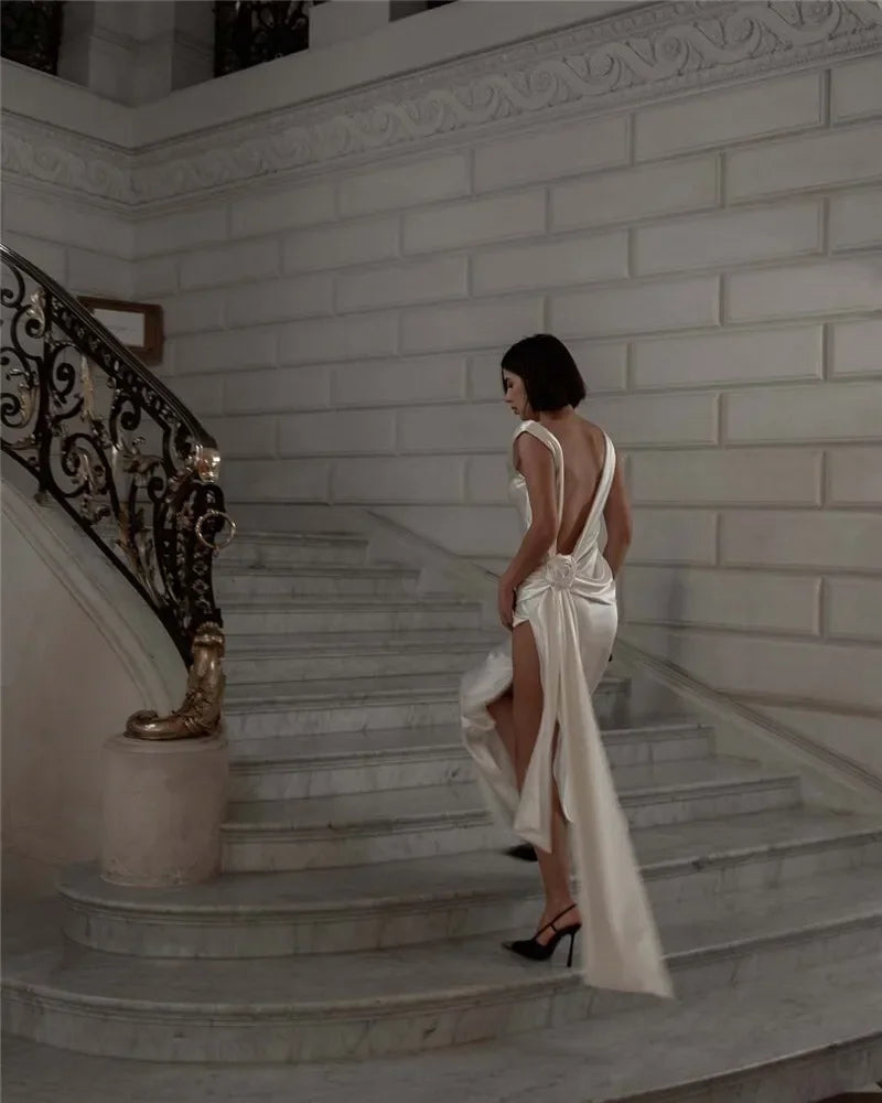 2025 Satin Backless Sexy Long Dress for Women Elegant Rose Thigh High Waist Beach Holiday Gorgeous Club