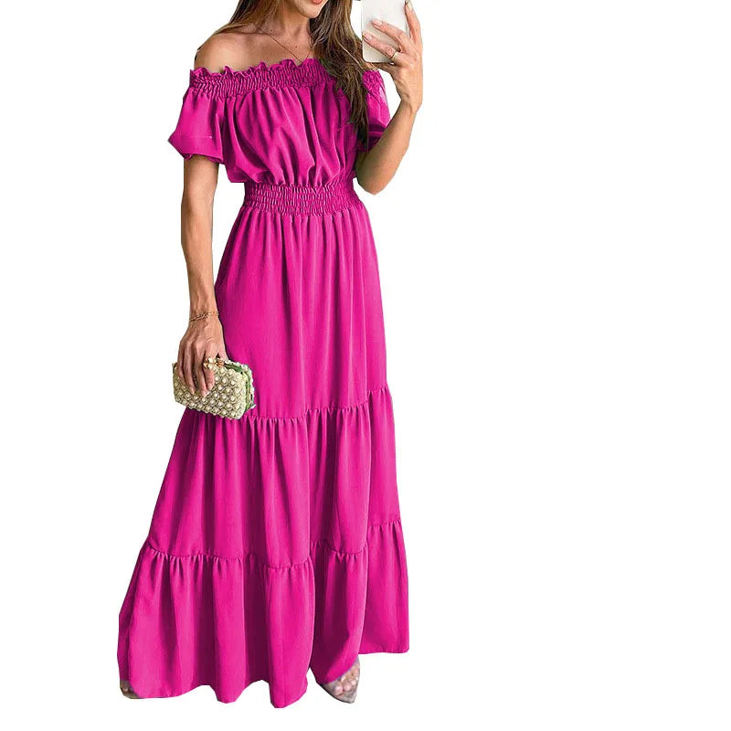 Women's Dress One-line Collar Spring And Summer Short-sleeved New Green Long Dress Fashion Casual Loose Beach Party Dresses Robe