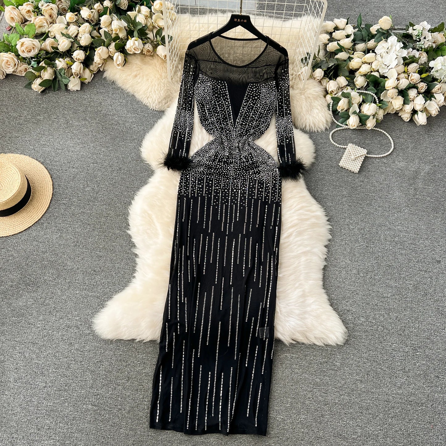 SINGREINY 2024 New Fashion Bodycon Long Dress Europen O Neck Long Sleeve Feather Female Senior Mesh Transparent Diamonds Dress