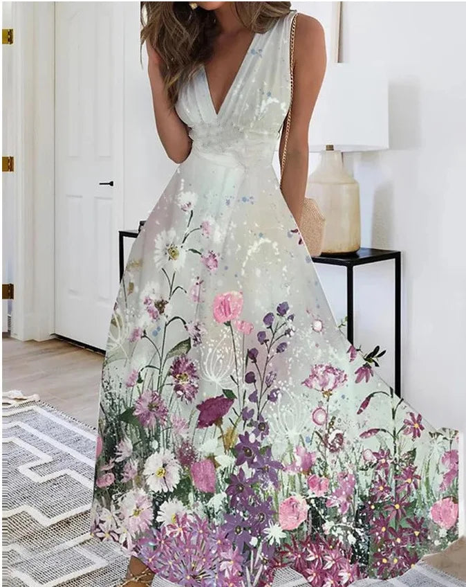Women Dress Summer 2024 New Green Sleeveless Boho A-LINE Backless Shirring Long Dress Trendy Elegant Maxi Dress for Women Beach