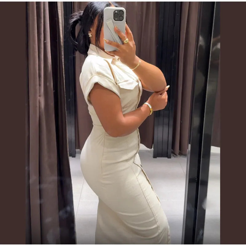 Sexy V-neck Denim Dresses 2025 Women's Spring Fashion Slim Long Dress Chic Short Sleeves Single Button High Street Lady New Robe