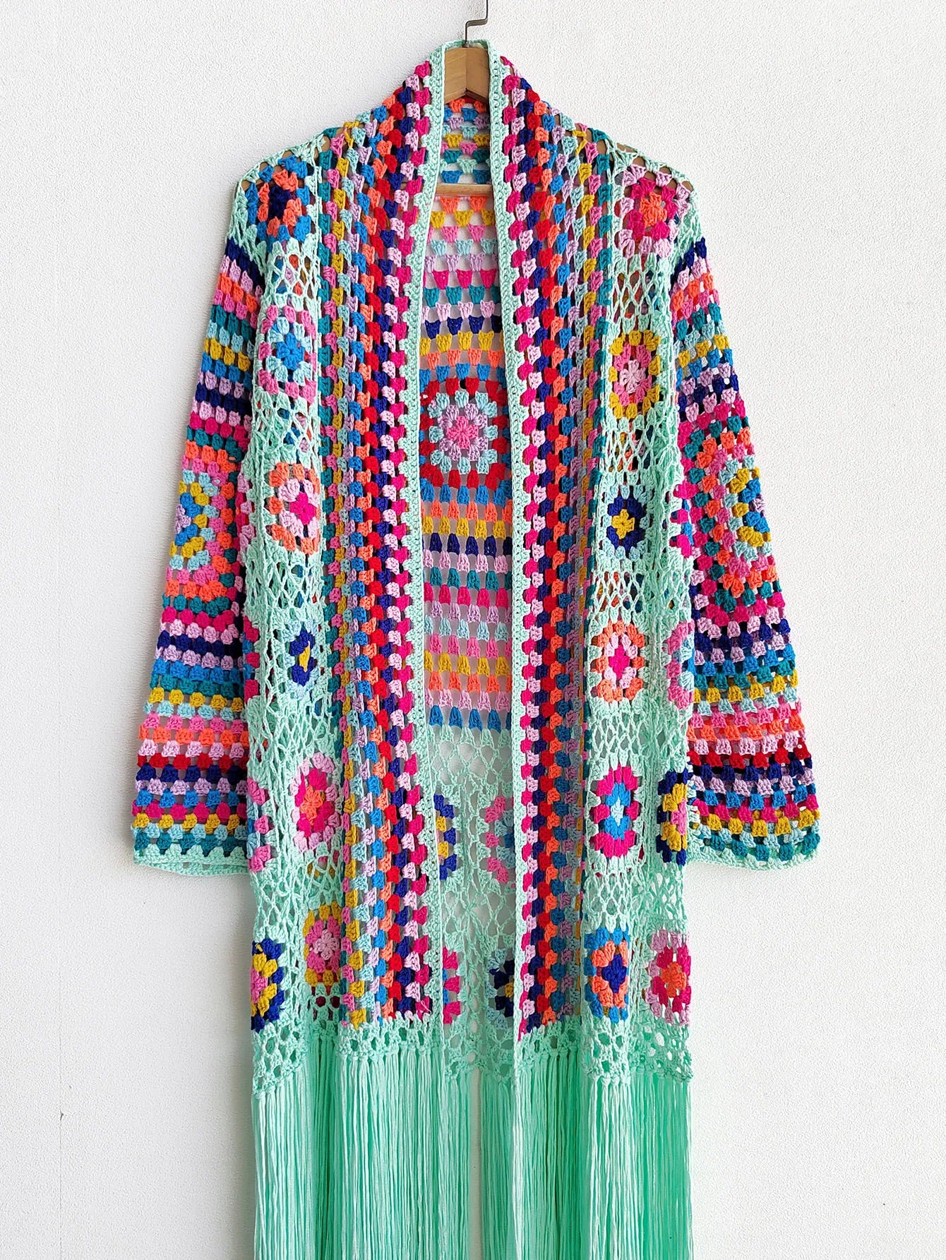 Crochet Knitted Women Cardigan Cover Ups Tassel Plaid Long Coat Bohemian 2023 Summer Beach Bikini Covers Sexy Hook Vestidos