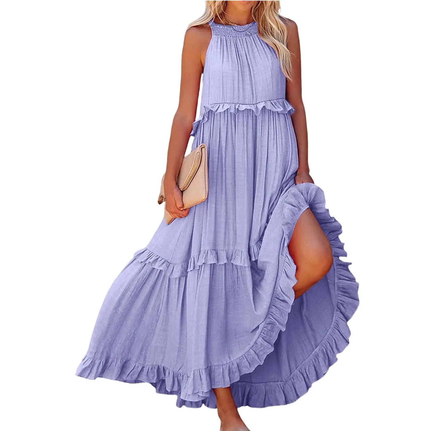 Women's Ruffled hem layered long dresses Summer Sleeveless backless dress Fashion Long Dress Big Swing Beach Dress vestidos