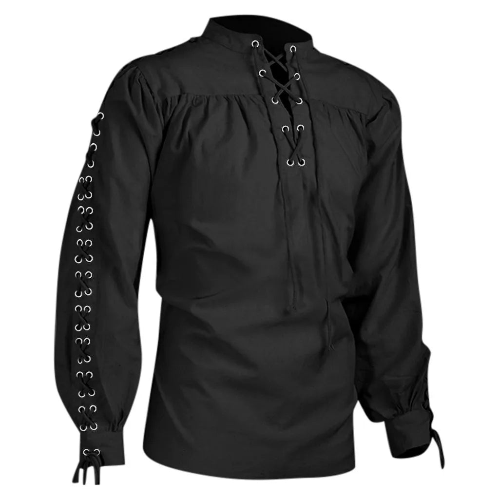 2024 Shirts Men Tunic Viking Pirate Costume Gothic Clothes Men Vintage Shirt Ruffle Neckline Drawstring Knight Cosplay Top