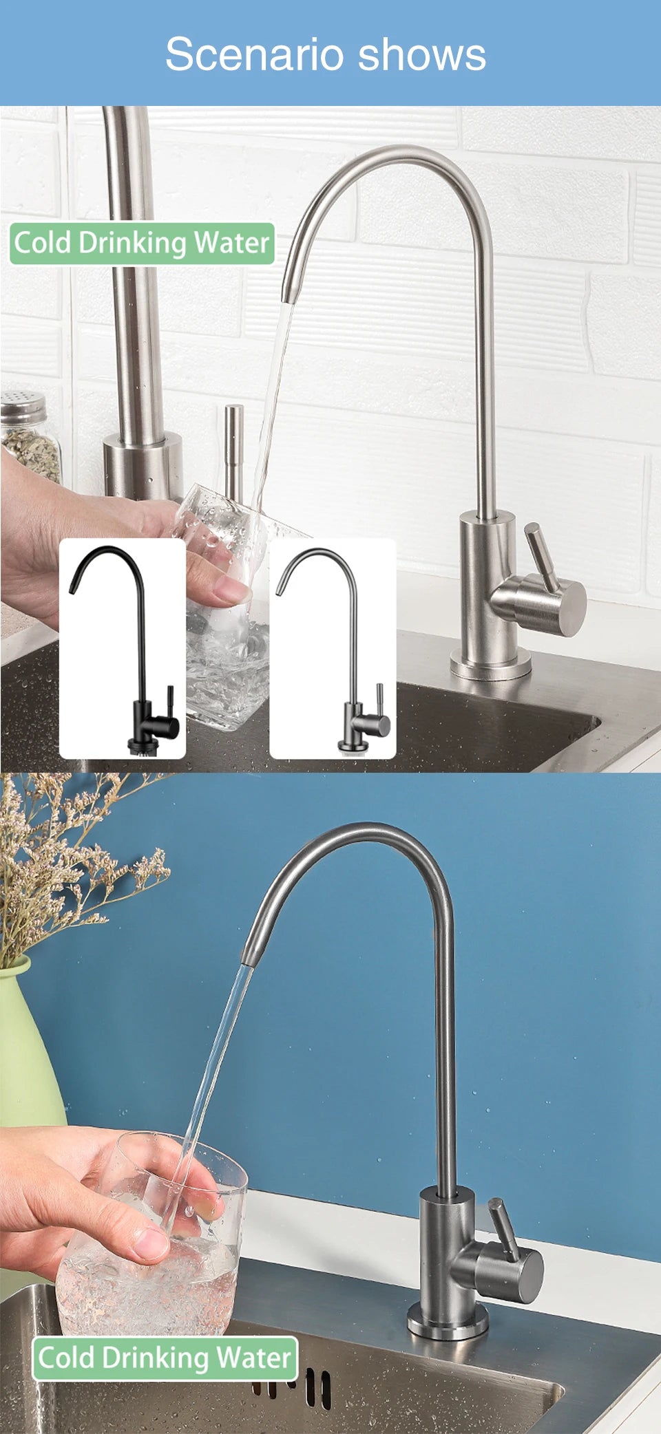 ULA 1/4"Kitchen Filtered Faucet Stainless Steel Direct Purifier Direct Drinking Tap Single Cold Water Sink Faucet Black/Brushed
