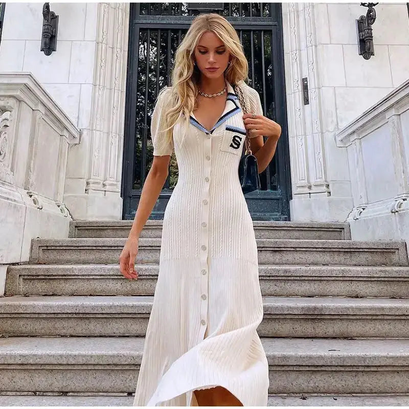 YuooMuoo 2024 Summer Women Knitted Long Dress Brand Fashion Turn-down Collar A-line Sweater Dress Elegant Lady Office Dress Robe