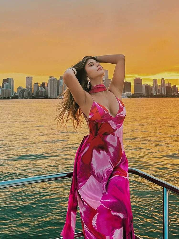 Elegant Printed Tighte Waist Women's Long Dress V-neck Slim A-line Robe 2025 Summer Beach Holiday Style Female's Long Dresses